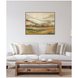 Muted horizontal landscape painting with layered beige, green, and rust hues above a cream sofa accented with beige and striped pillows in a bright, neutral living room.