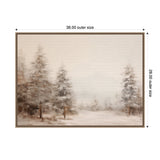 Softly blurred winter forest landscape with tall pine trees in warm neutral tones on a framed canvas measuring 38 by 28 inches.