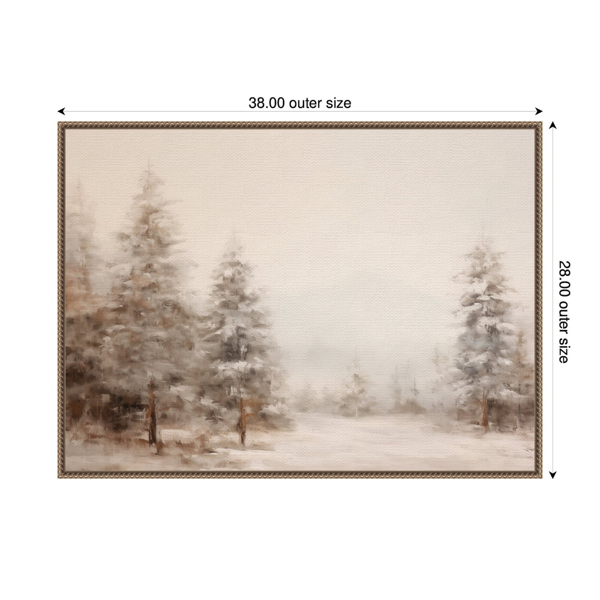Softly blurred winter forest landscape with tall pine trees in warm neutral tones on a framed canvas measuring 38 by 28 inches.