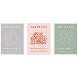 Three framed minimalist prints featuring a white line drawing of a bird on gray, red botanical shapes on beige, and white dancing figures on green, each labeled Picasso or Matisse.