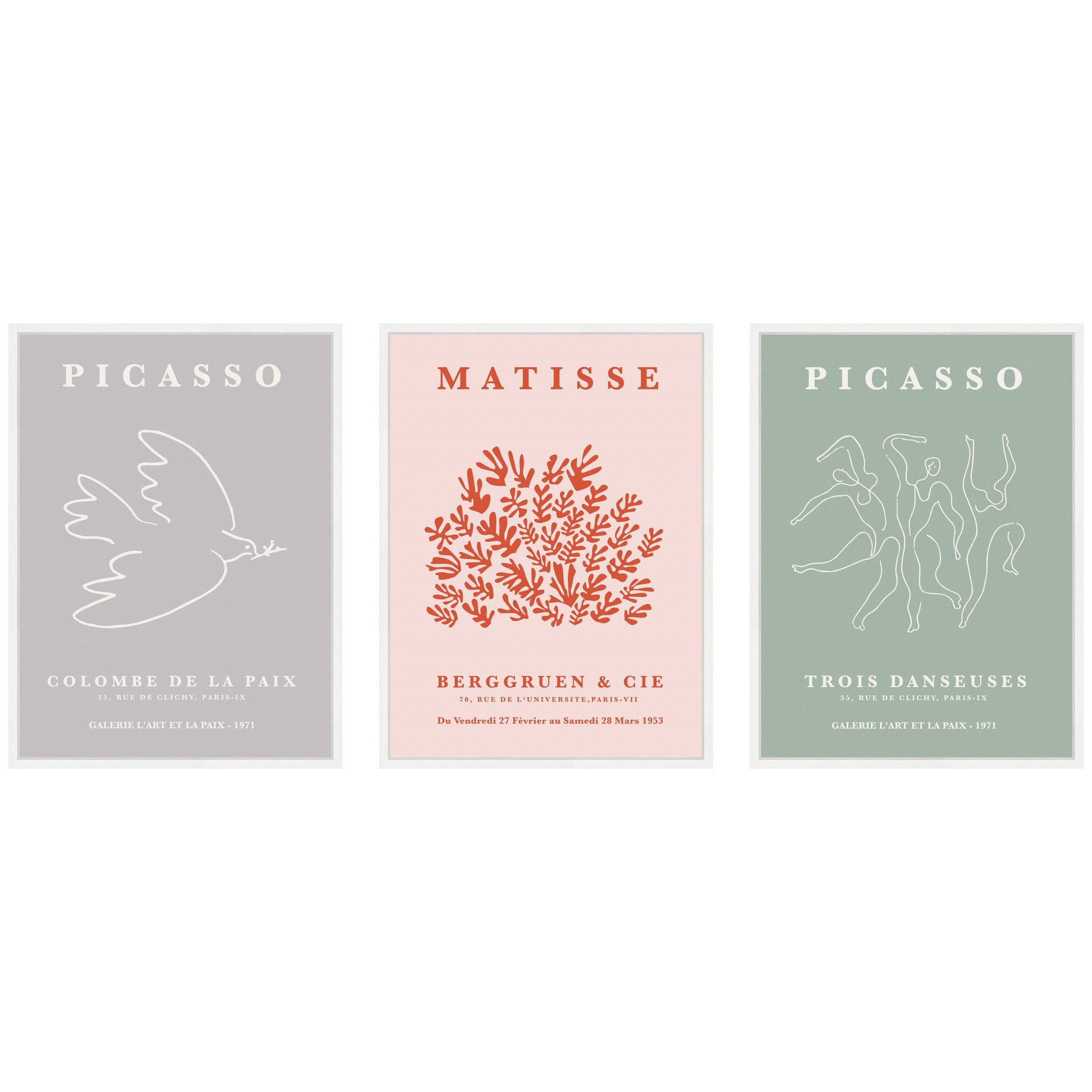 Picasso Inspired Bird & Inspired Dance 3 Piece Framed Canvas Wall Art Set by Gabrielly Guedes