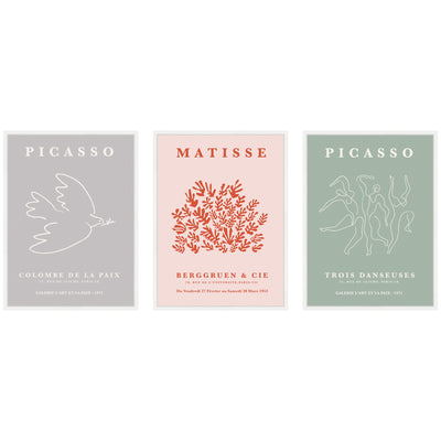 Picasso Inspired Bird & Inspired Dance 3 Piece Framed Canvas Wall Art Set by Gabrielly Guedes