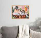 Framed print of a stylized tiger lounging in a bubble-filled bathtub with tiger stripes, surrounded by green plants and patterned pink wall.