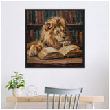 Painting of a lion intently reading a large open book, set against a background of antique leather-bound books on shelves.