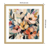 Square framed abstract bouquet painting featuring large soft pastel flowers in peach, cream, yellow, and orange with dark centers and blue-green leaves on a light background.