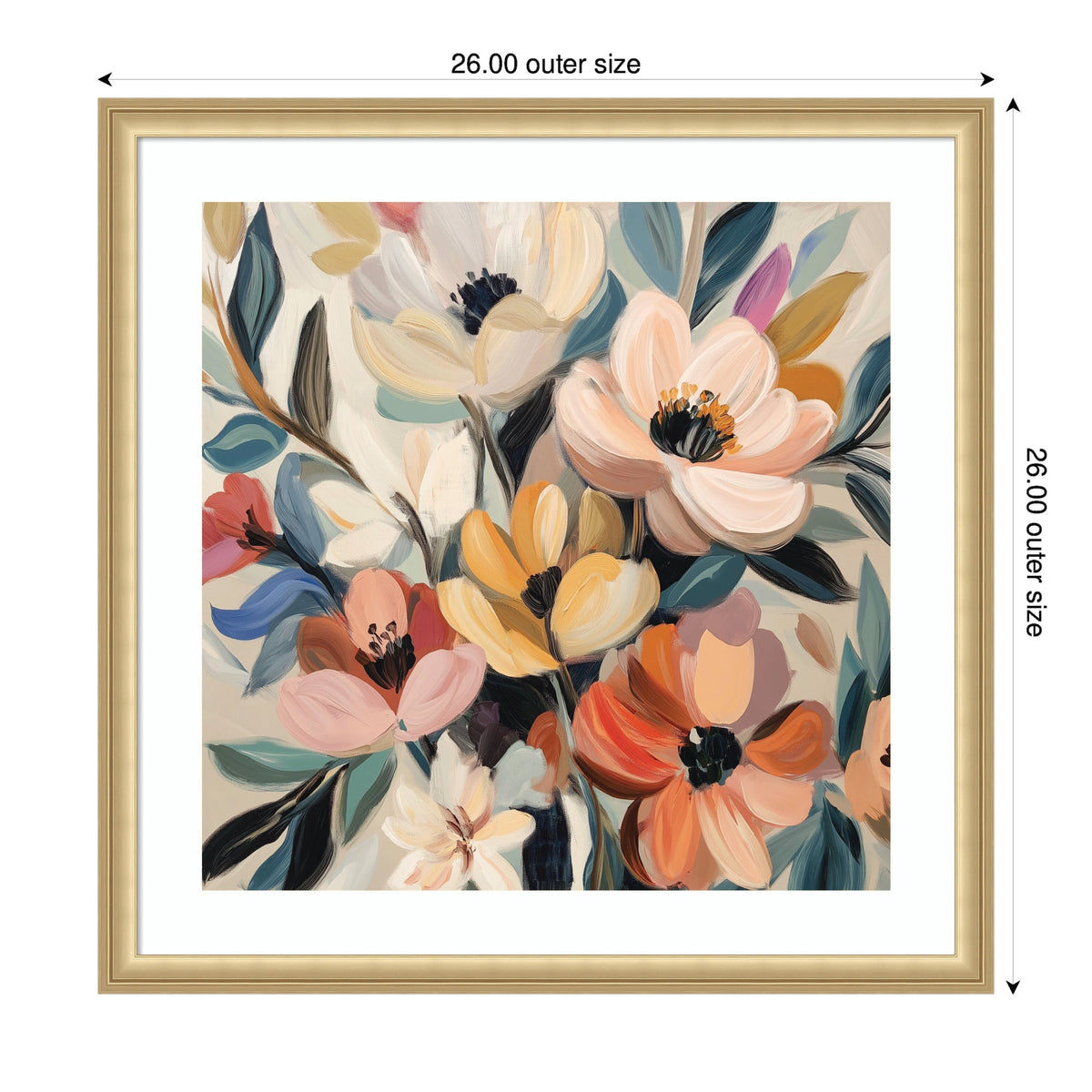 Square framed abstract bouquet painting featuring large soft pastel flowers in peach, cream, yellow, and orange with dark centers and blue-green leaves on a light background.