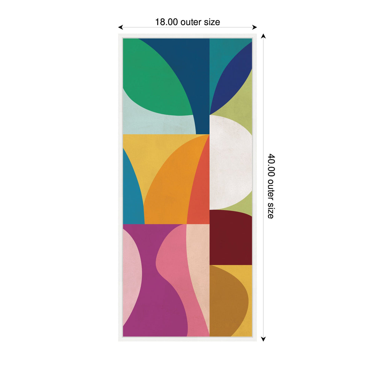 Vertical abstract canvas print featuring bold geometric shapes in green, blue, yellow, orange, pink, and maroon arranged in a grid-like composition.