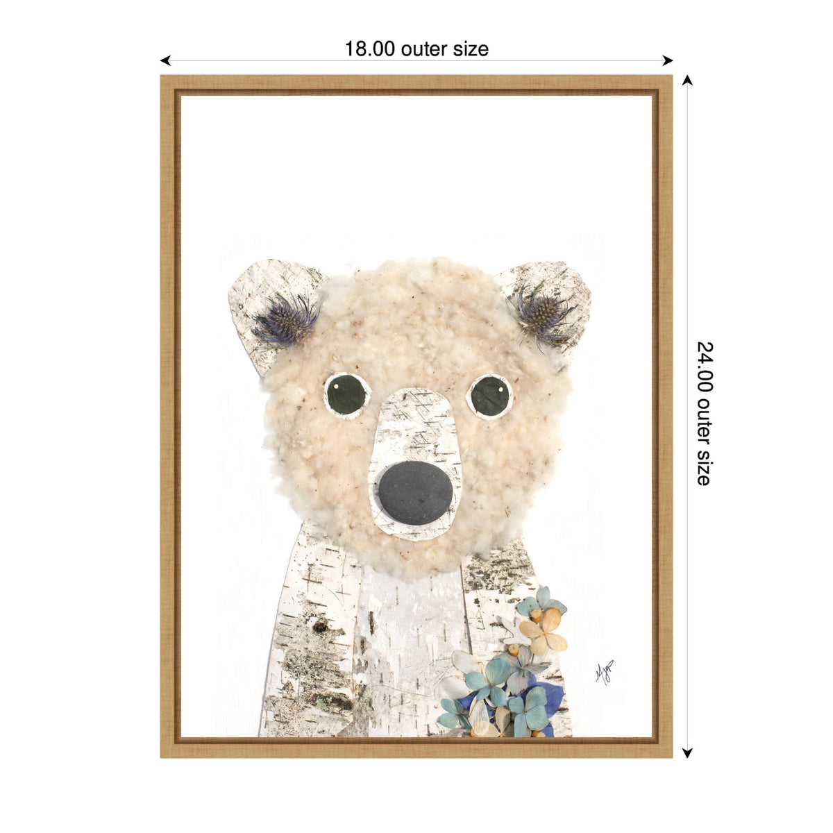 Illustration of a polar bear with a textured, fluffy beige face and birch bark patterned body holding blue and orange flowers, framed in a simple wooden frame.