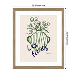 Minimalist green striped vase with abstract flower shapes and handwritten script 'Le Jardin Les Fleurs' on beige background inside a light wooden frame.
