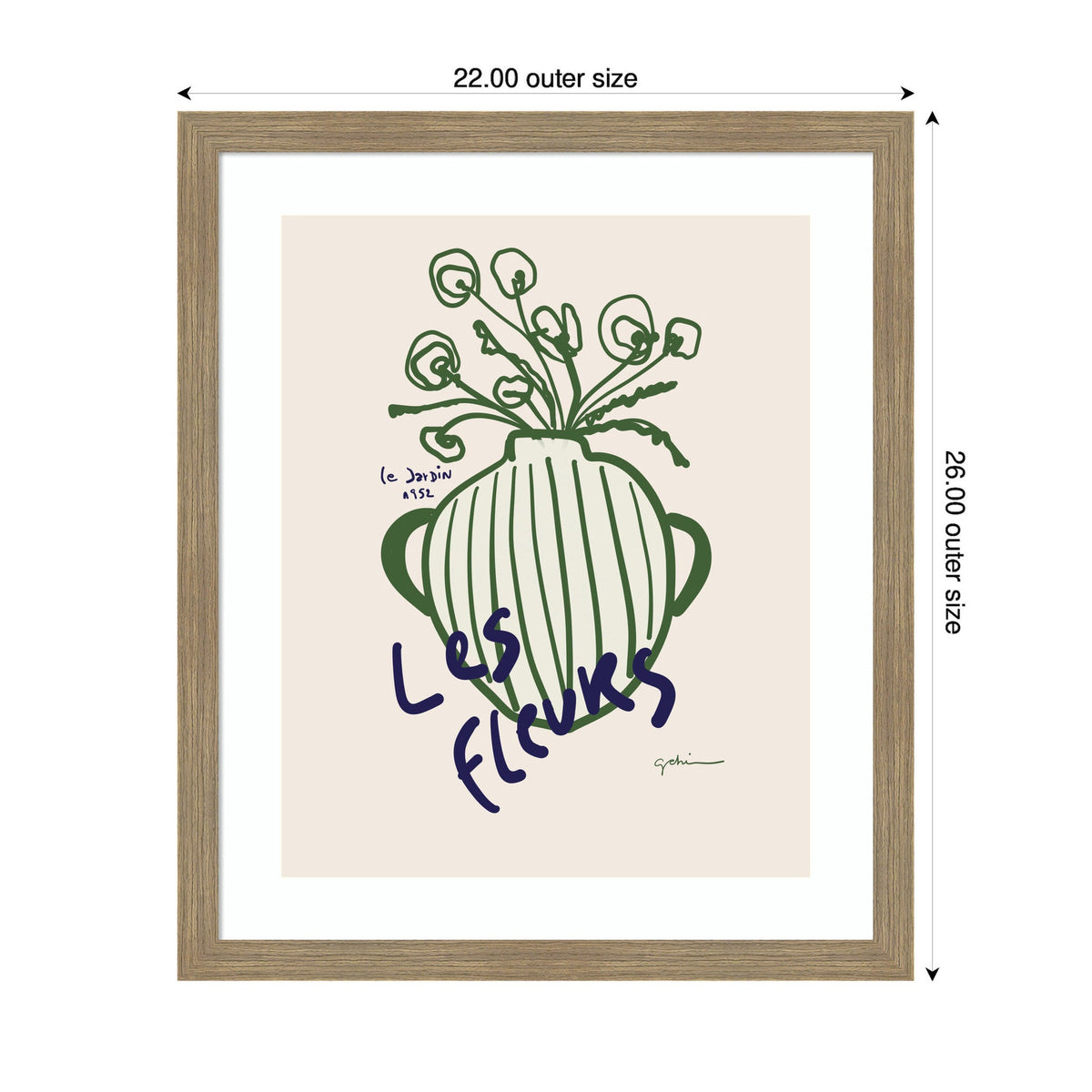 Minimalist green striped vase with abstract flower shapes and handwritten script 'Le Jardin Les Fleurs' on beige background inside a light wooden frame.