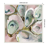 Close-up painted composition of oyster shells in muted tones of green, gray, and cream with a soft pink background, framed by a white border with bead details.