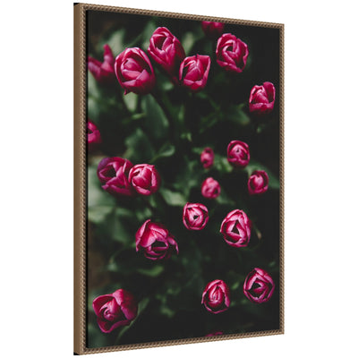 Sylvie Moody Dark Pink Tulips in Bloom framed canvas artwork showing vivid dark pink tulips with green leaves in a floating dark gold frame.