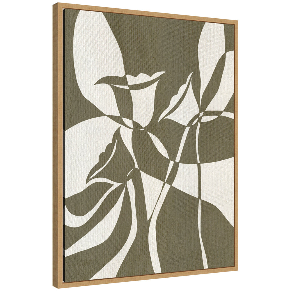 Abstract framed canvas art titled Bound by Beauty 4 by Shatha Al Dafai, showing dynamic pink, purple, and beige shapes in a floating white frame