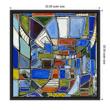 Abstract geometric composition with overlapping rectangles, squares, and trapezoids in blue, green, brown, and orange tones outlined in black within a black frame.