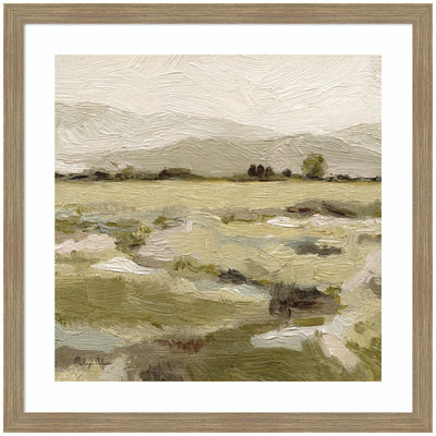 Petit Views No 8 by Mackenzie Nelson framed wall art print in woodgrain stripe mocha frame hung on wall