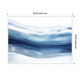 Abstract horizontal wavy layers in shades of blue and white with thin white linear accents, framed in light gray, measuring 38 by 28 inches.