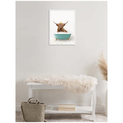 Sylvie Highland Cow in Teal Bathtub on Colored Tile Framed Canvas