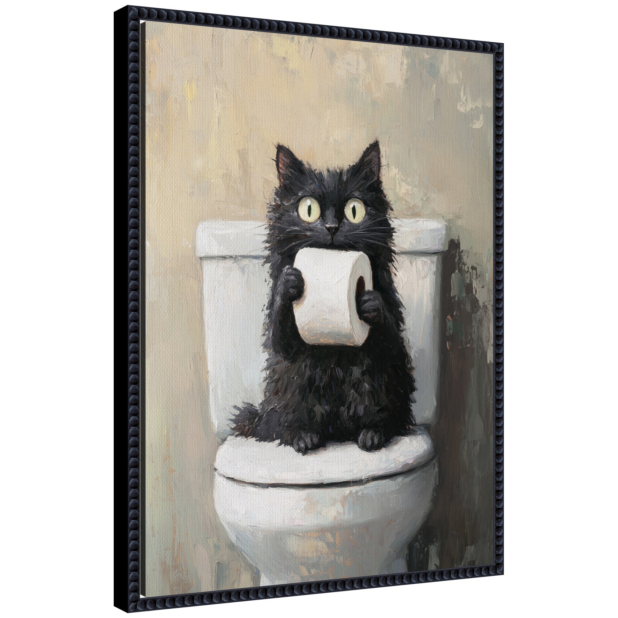 Framed canvas artwork of a black cat with a toilet paper roll on a bathroom wall
