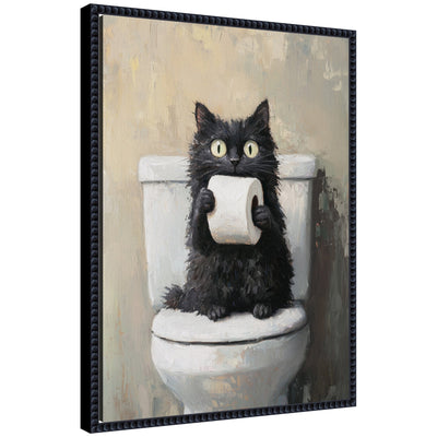 Framed canvas artwork of a black cat with a toilet paper roll on a bathroom wall