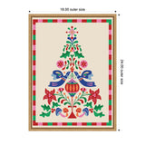 Folk art Christmas tree in symmetrical design, featuring blue birds, red flowers, green leaves, and mushrooms, framed by a red, pink, and green checkered border.