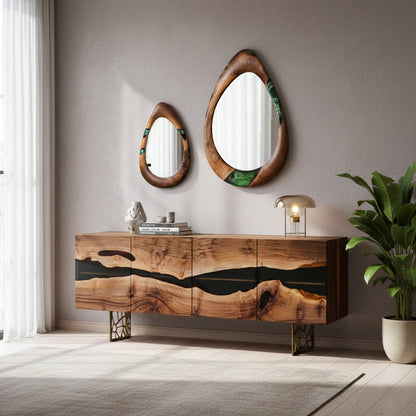 Osso collection resin credenza sideboard with walnut doors and resin accents