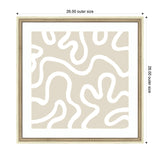 Framed abstract print featuring white organic, curving lines on a beige background, enclosed in a light gold decorative square frame, sized 26 by 26 inches.