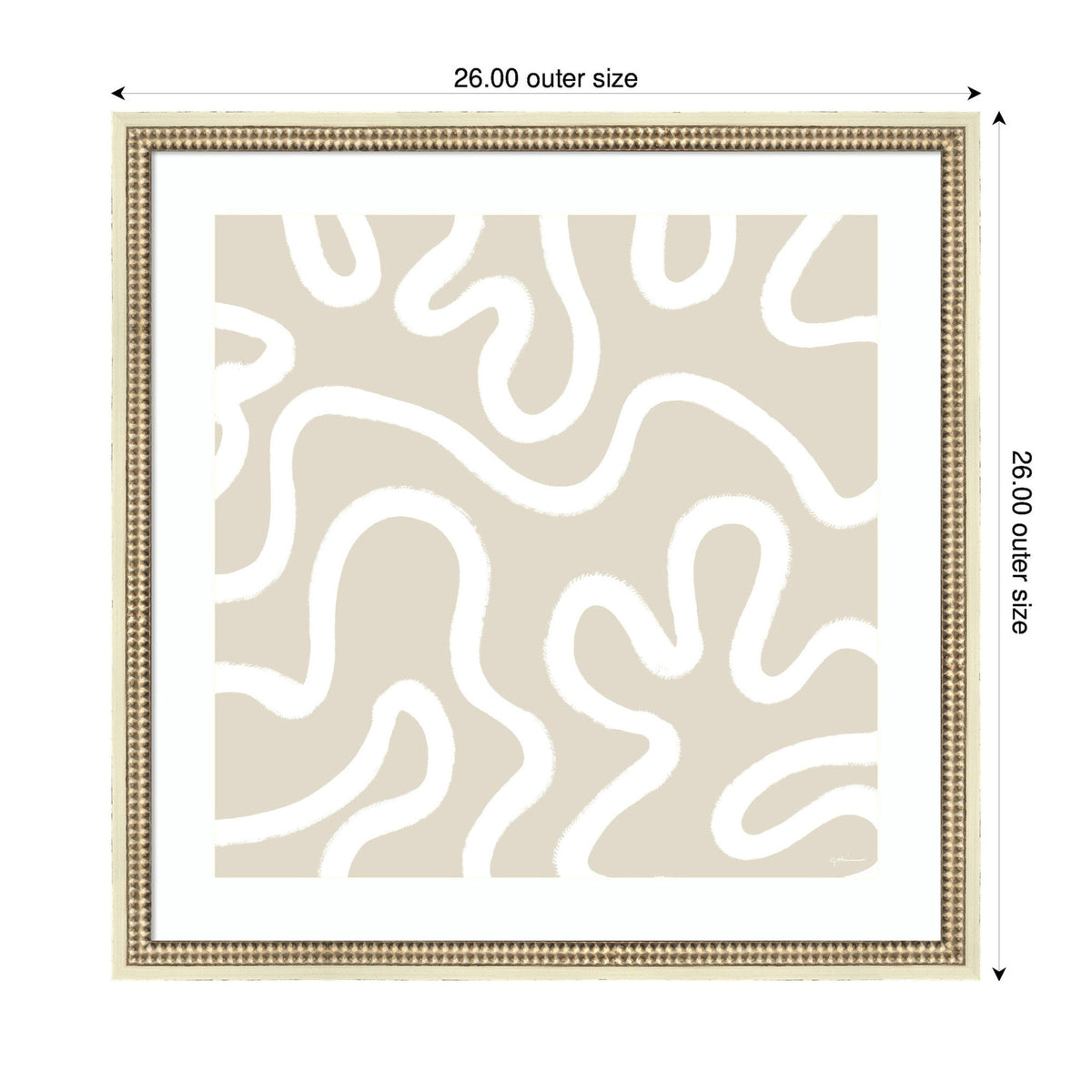Framed abstract print featuring white organic, curving lines on a beige background, enclosed in a light gold decorative square frame, sized 26 by 26 inches.