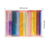 Abstract canvas artwork with vertical translucent bands in vibrant purple, blue, yellow, and pink hues overlapping to create layered color effects.