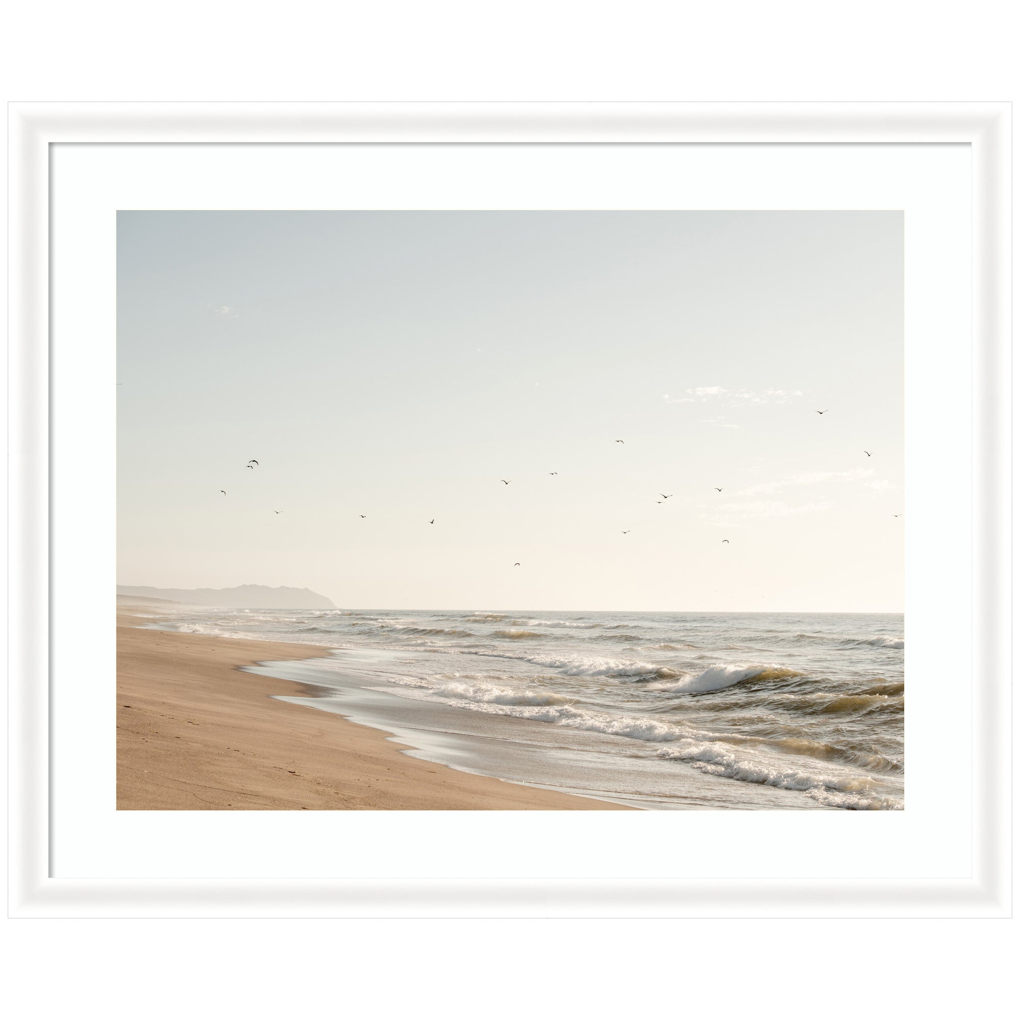 Framed Art Coastal Flight by Crystal Lynn Collins showing birds flying over a tranquil beach scene