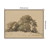 Sepia-toned watercolor painting of a grove of trees with soft shadows on beige paper, framed with light brown mat and simple brown wood frame.