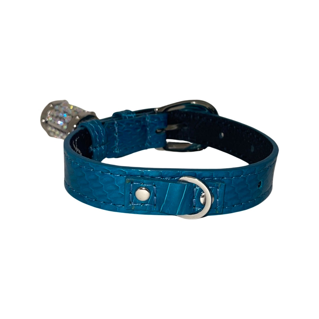 Dark Turquoise XS Snake 7”-14” Collar with Custom Silver Italian Hardware & Swarovski Crystal Charm