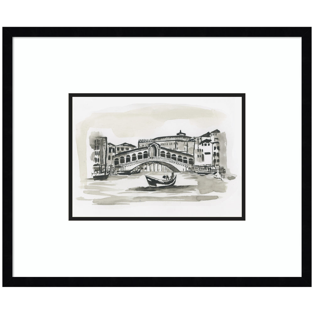 Framed wall art print titled 'Postcard Venice' by Teju Reval showing cityscape in black and white with red accents, set in a black frame