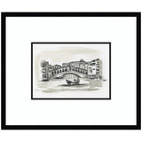 Framed wall art print titled 'Postcard Venice' by Teju Reval showing cityscape in black and white with red accents, set in a black frame