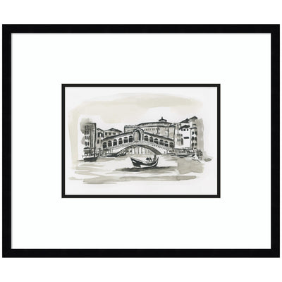 Framed wall art print titled 'Postcard Venice' by Teju Reval showing cityscape in black and white with red accents, set in a black frame