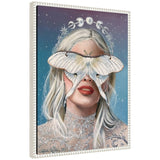 Portrait of a pale woman with platinum blonde hair, large white moth covering her eyes, and moon phases halo against a starry blue-purple background.