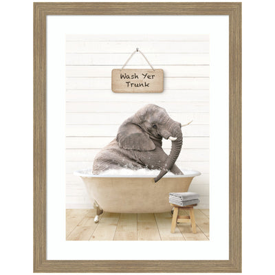Young Elephant in Modern Bathtub Wash Your Trunk by Amy Peterson Framed Wall Art Print