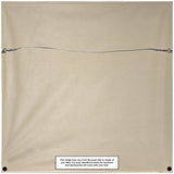 Back view of a beige stretched canvas frame with a taut hanging wire attached to two eyelets near the top corners on a plain wall.