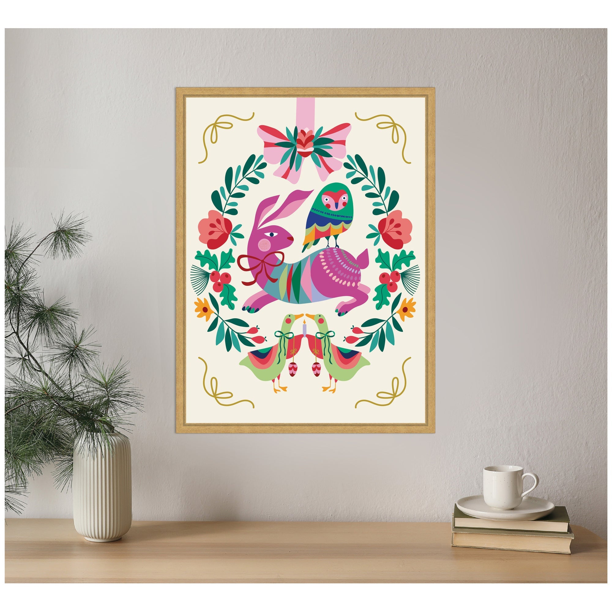 Sylvie Framed Canvas Woodland Animals Christmas Wreath by Rachel Lee