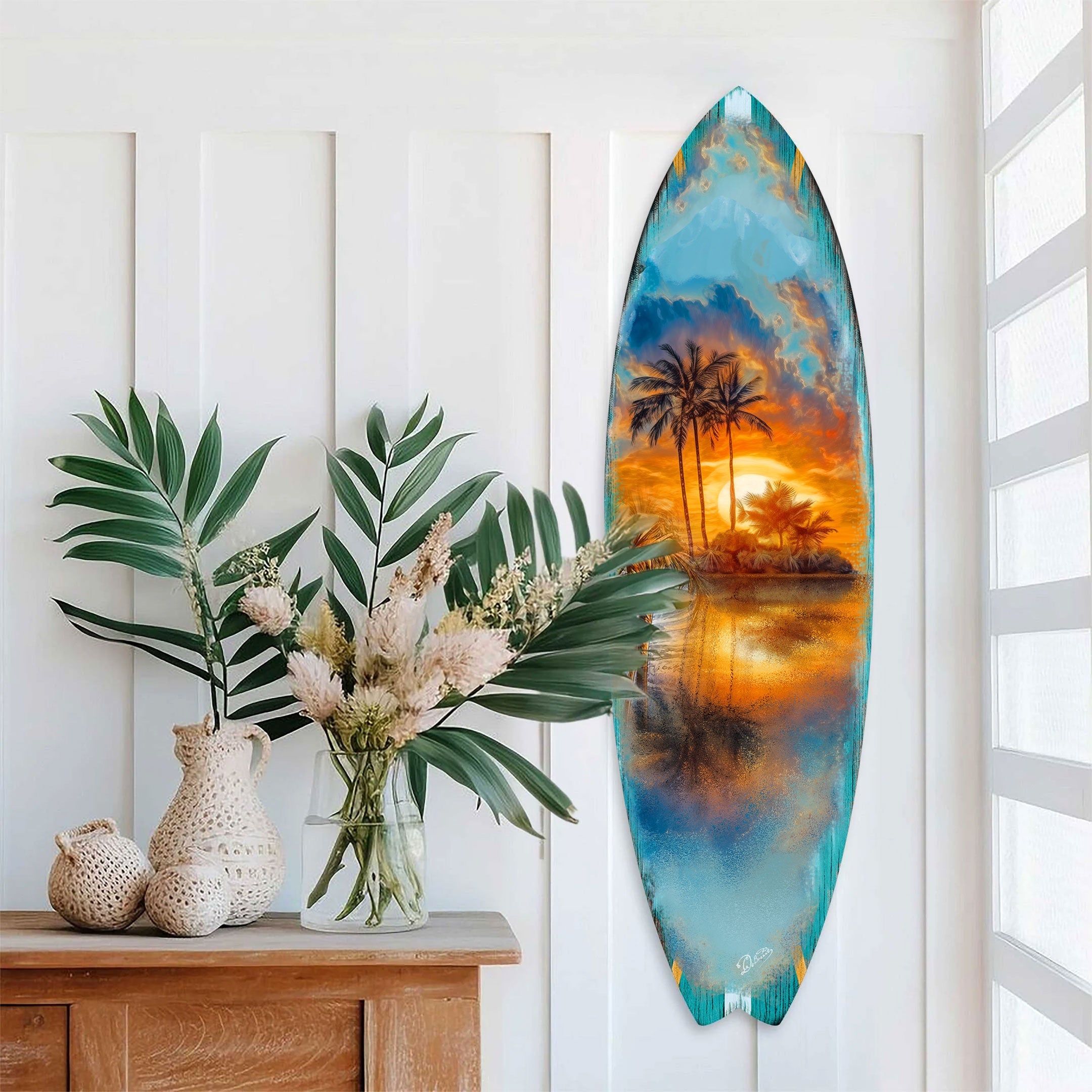 Tropical Sunset Surfboard Wall Art – Coastal Wall Decor by G. DeBrekht