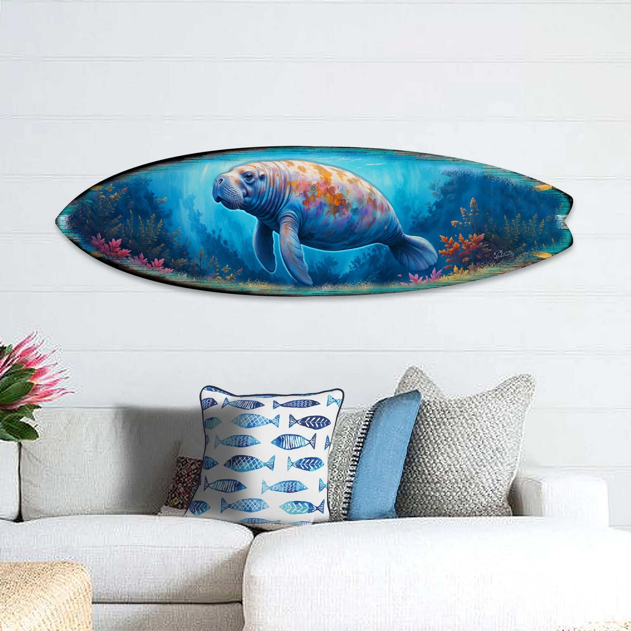 Manatee Surfboard Wall Art showing underwater scene with manatee and coral on a birch wood surfboard