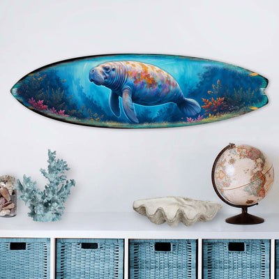 Manatee Surfboard Wall Art – Handcrafted Coastal Decor - Art by G. DeBrekht