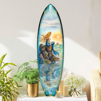 Mermaid Surfboard Wall Art showing underwater manatee and mermaid design on birch wood