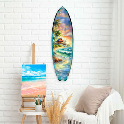 Tropical Beach House Surfboard Wall Art showing colorful oceanfront bungalow and palm trees design on birch wood surfboard shape