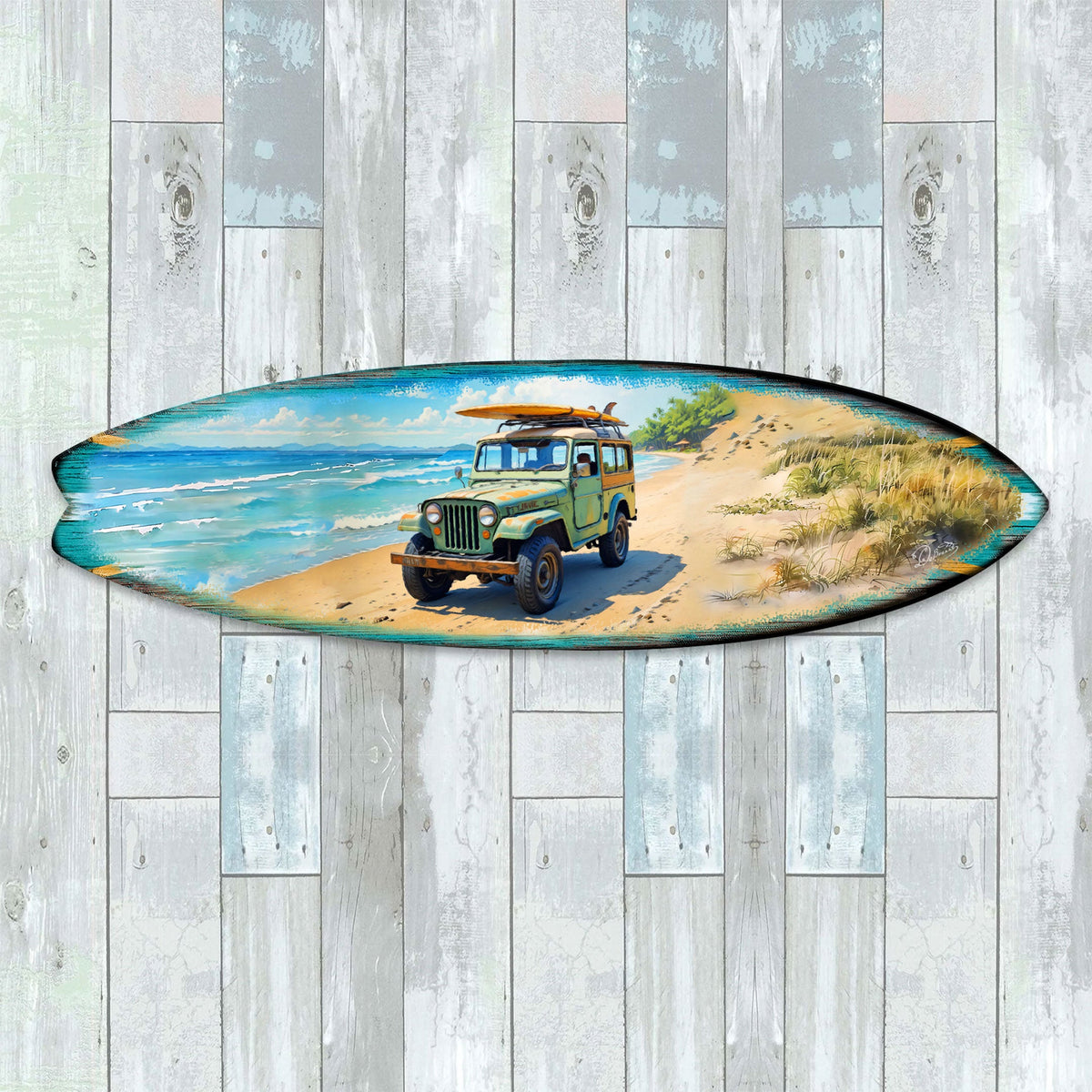 Vintage Beach Jeep Surfboard Wall Art – Handcrafted Coastal Decor by G.DeBrekht