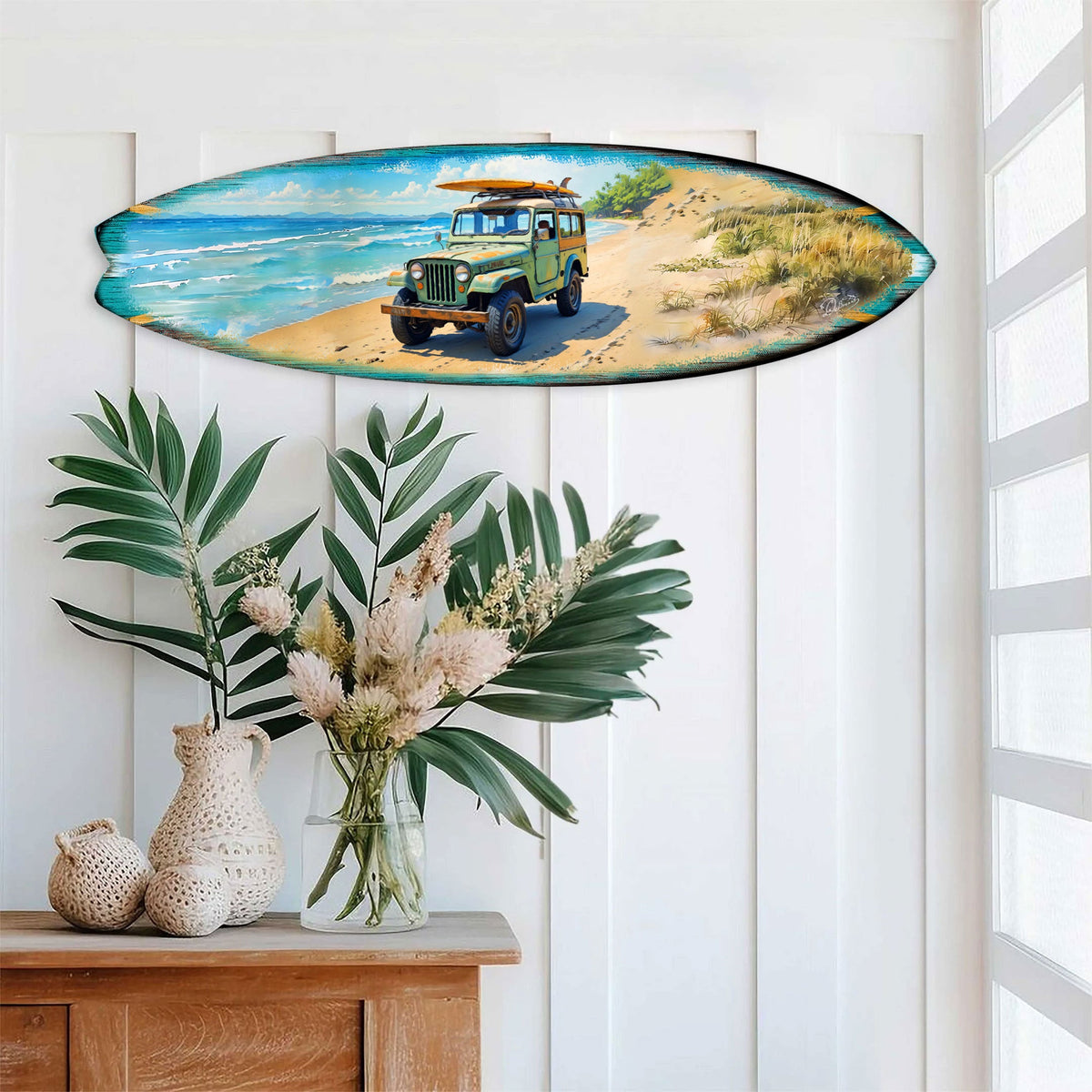 Vintage Beach Jeep Surfboard Wall Art – Handcrafted Coastal Decor by G.DeBrekht