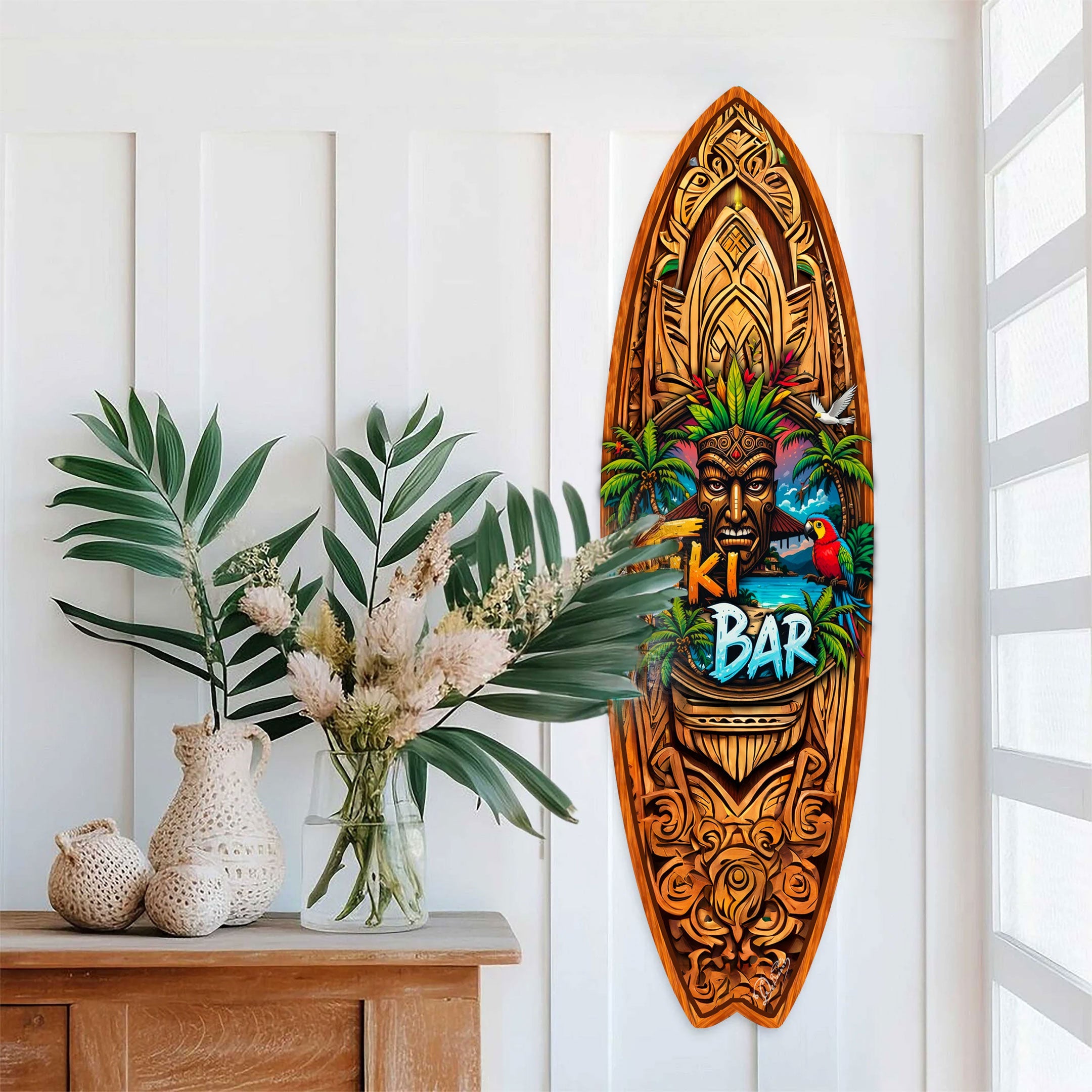 Tiki Bar Surfboard Wall Art by G. DeBrekht – Handcrafted Coastal Decor