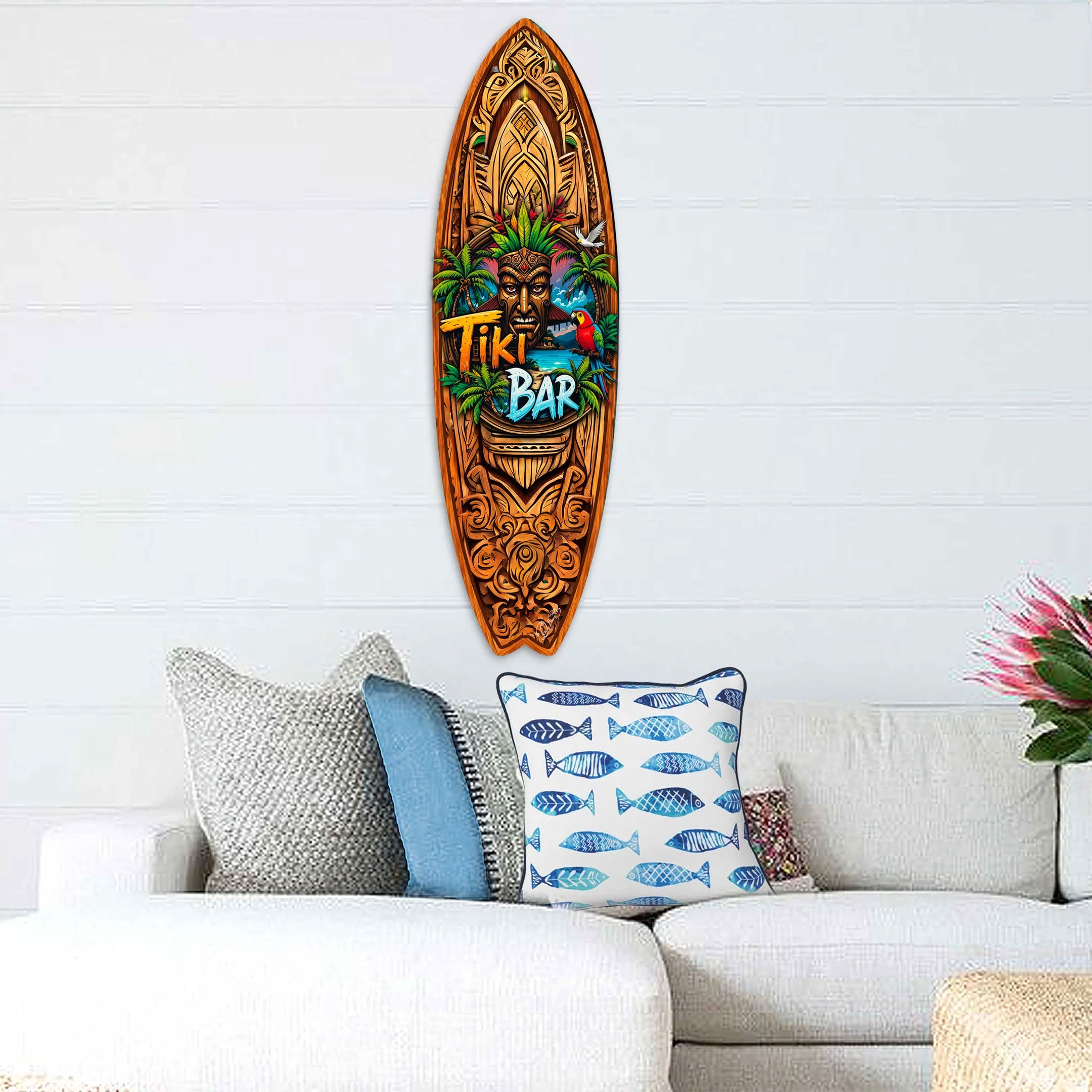 Tiki Bar Surfboard Wall Art by G. DeBrekht – Handcrafted Coastal Decor
