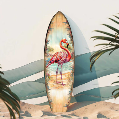 Pink Flamingo Surfboard Wall Art showing elegant pink flamingos on surfboard-shaped birch wood