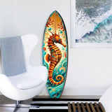 Seahorse Coastal Surfboard Wall Art by G.DeBrekht showing detailed seahorse and ocean waves on birch wood surfboard
