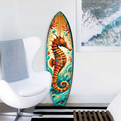 Seahorse Coastal Surfboard Wall Art by G.DeBrekht showing detailed seahorse and ocean waves on birch wood surfboard